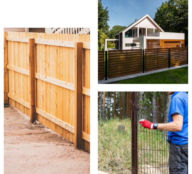 Collage of different fencing styles, including a wooden privacy fence, a modern horizontal slat fence in front of a contemporary home, and a worker installing a wire fence in a rural area.