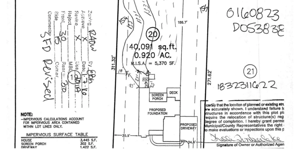 A Wake County septic permit showing a drawing of the septic tank and drain field.