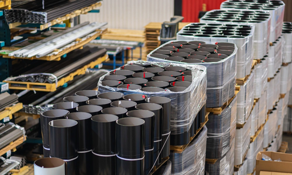 An image showing roofing material in a metal roofing company warehouse.