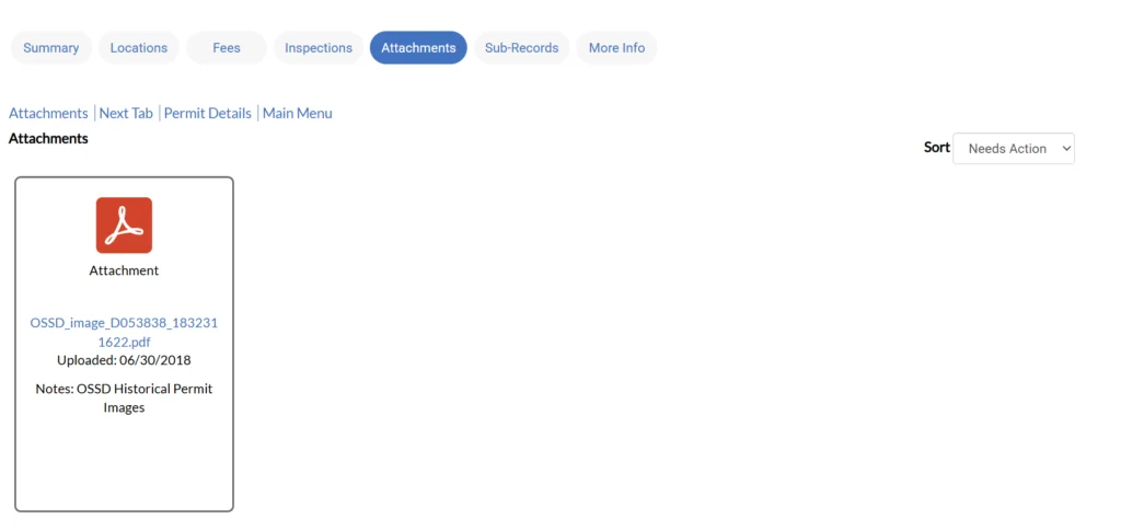 A screenshot showing a septic permit attachment in Wake County's Permit Portal