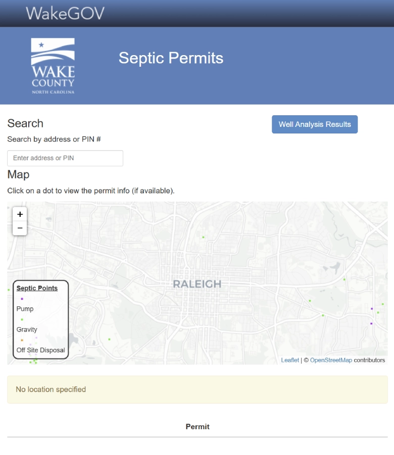 A screenshot of the Wake County Septic Permit search webpage.